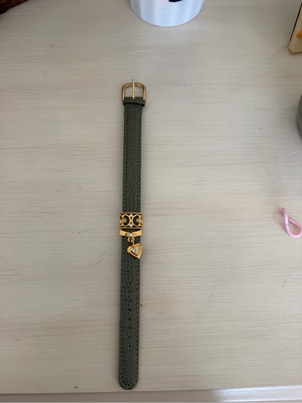 Olive Green Leather Bracelet with Gold Heart Charm